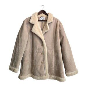Learsi Vintage Tan Genuine Leather Suede Faux Fur Lined Coat Sz L